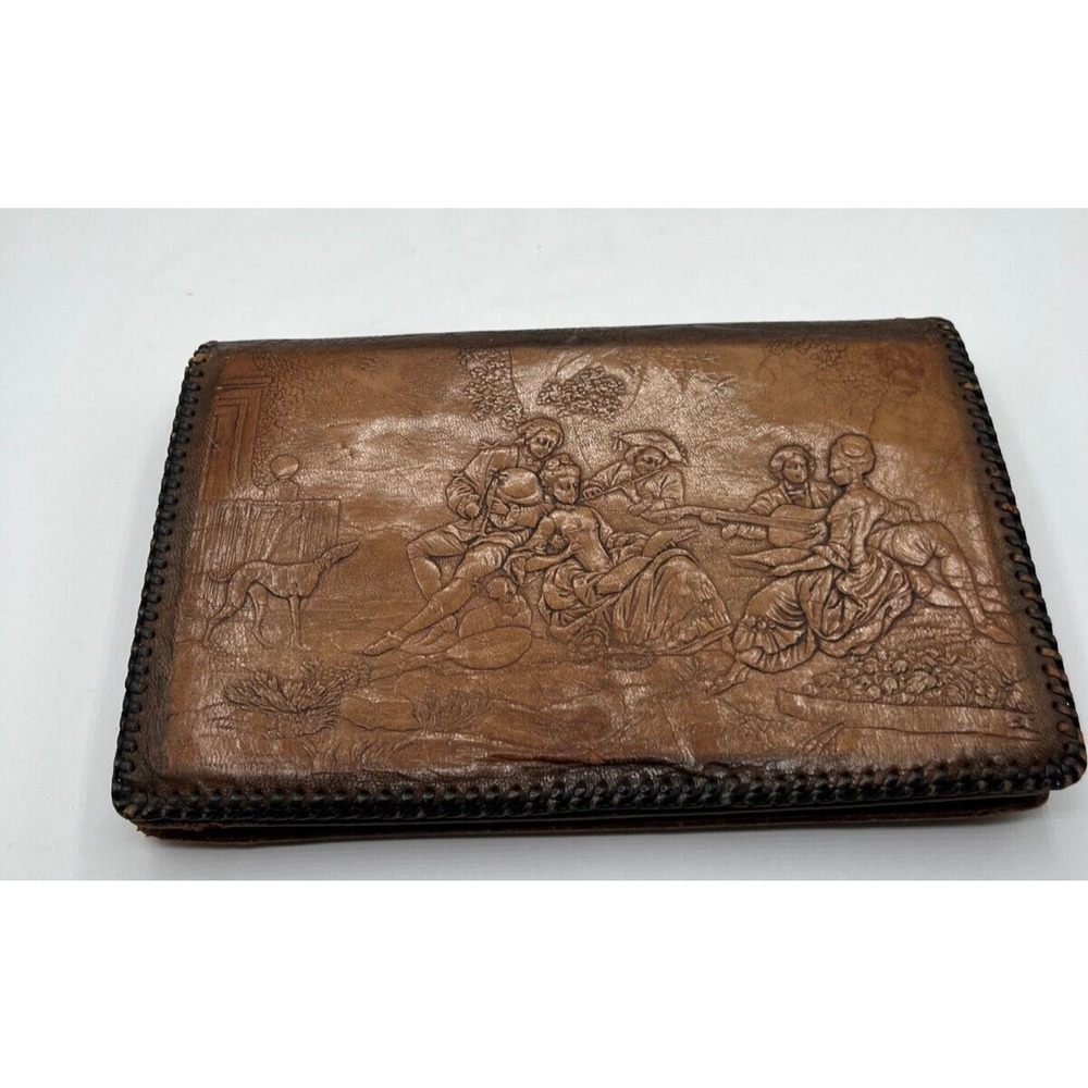 Vintage Reedcraft Leather Trifold Wallet Victorian Dog Women Man Design 8x5"